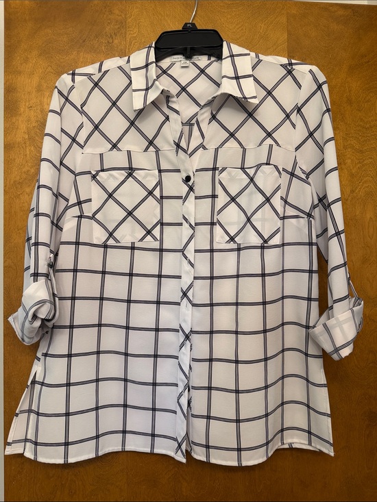 Notations Tops - Notations White Button-Down Shirt with Navy Windowpane Plaid